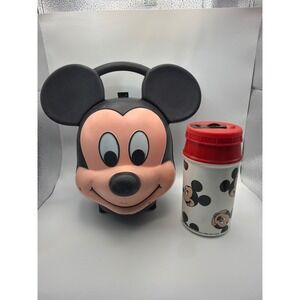 Vintage Mickey Mouse Head Plastic Lunch Box with Thermos Disney Collectible Set